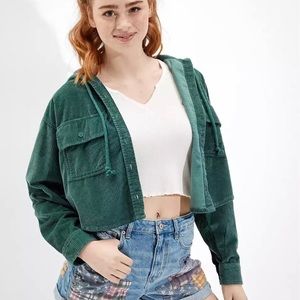 American Eagle Hooded Cropped Corduroy Button-Up Shirt Green